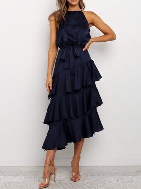 NWT Petal & Pup Navy Satin Midi Halter Dress Sash Ruffle Tiered Asymmetrical Hem